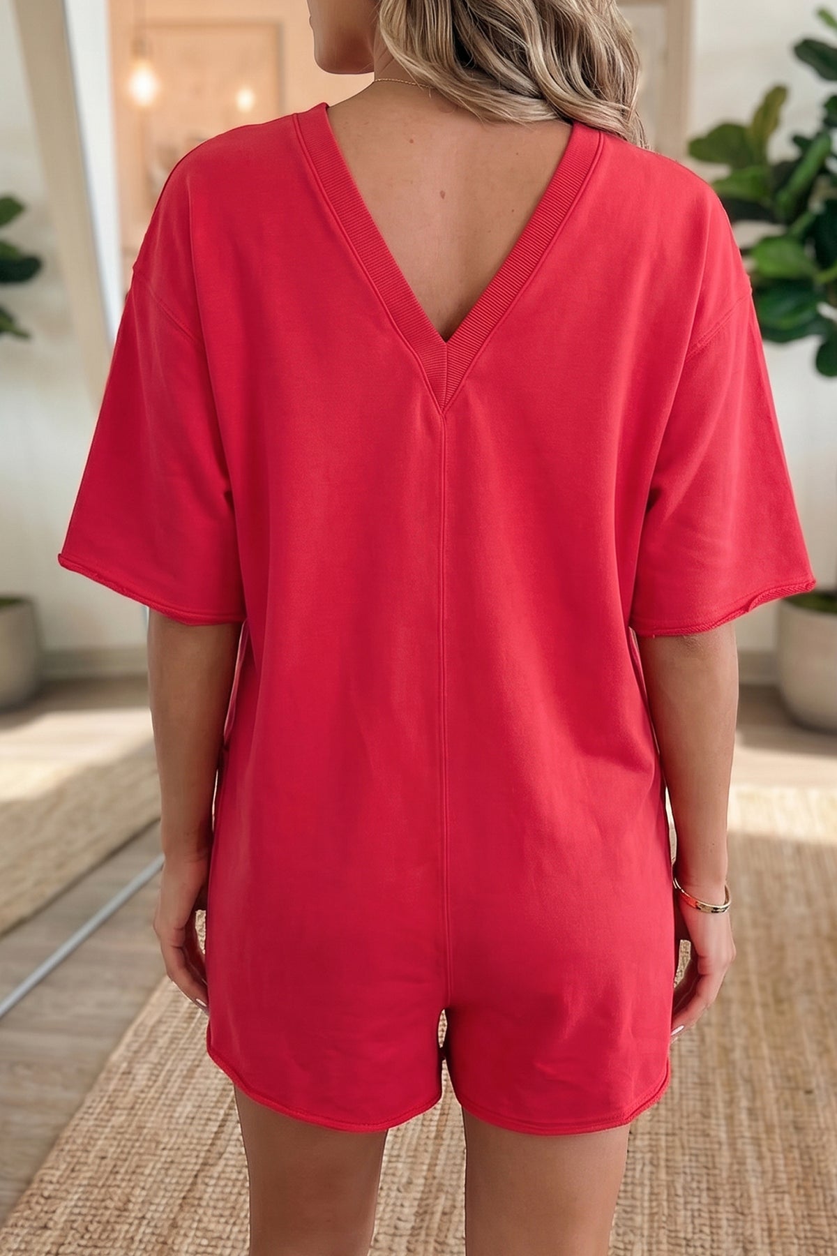 Fiery Red Solid Raw Edge Half Sleeve Pocketed Loose Romper