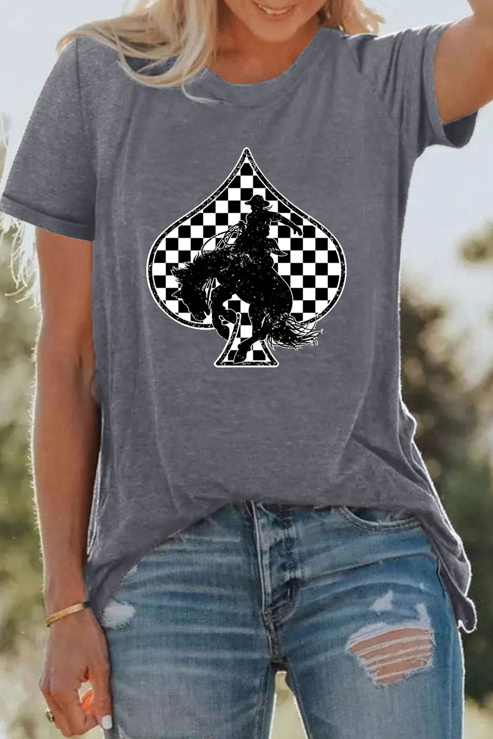 Gray Redeo Check Spades Western Graphic T-Shirt