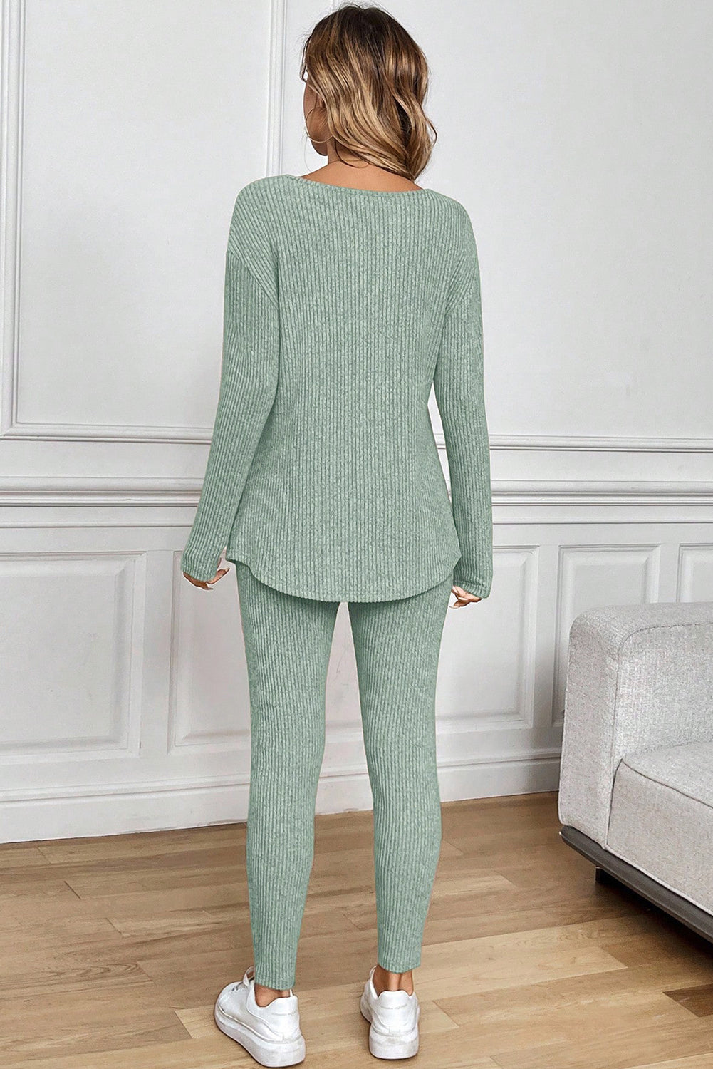 Racing Red Ribbed Notched Neck Knit Top and Leggings Lounge Set