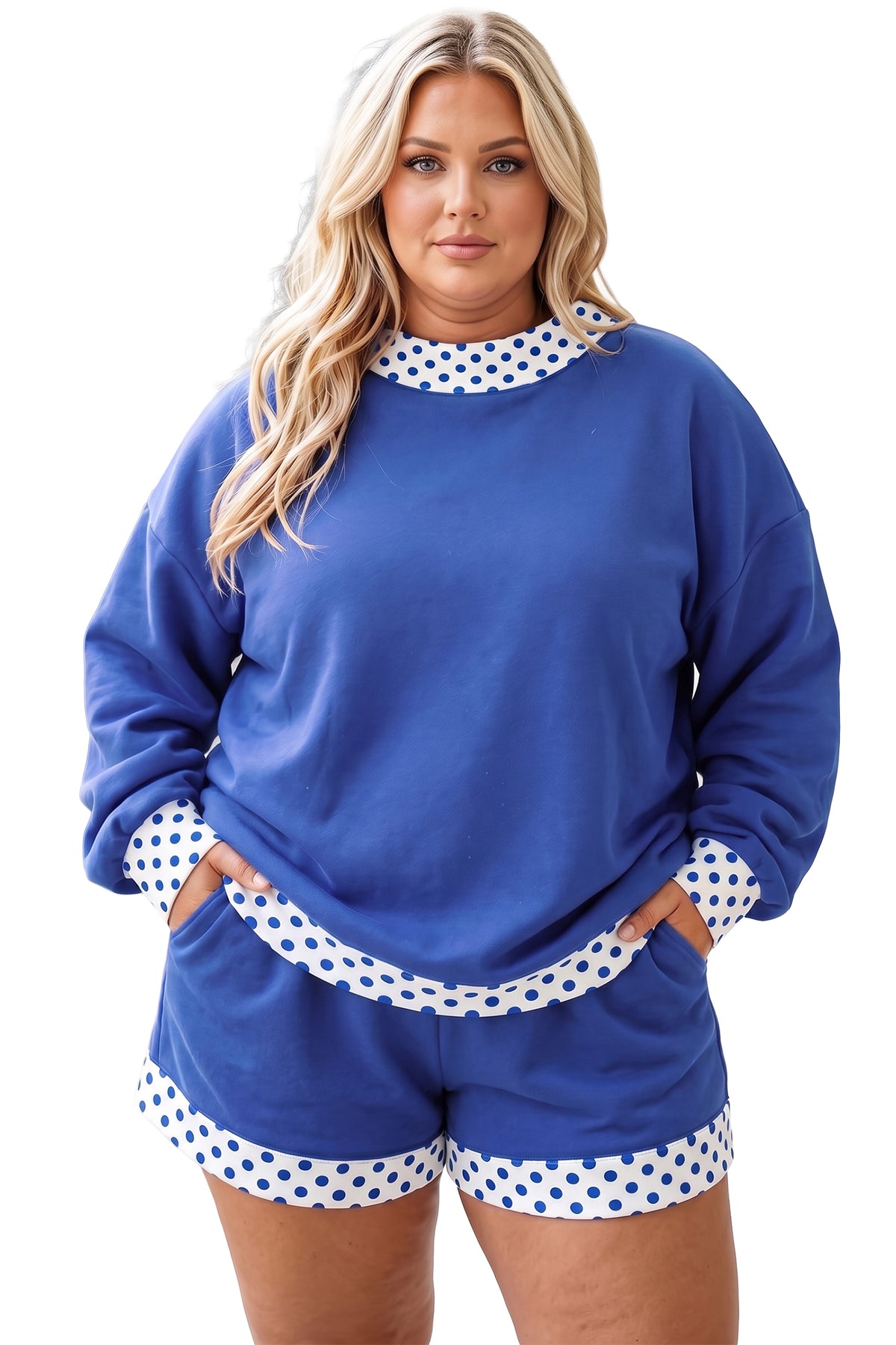 Dark Blue Polka Dot Patchwork Plus Size Top and Shorts Set