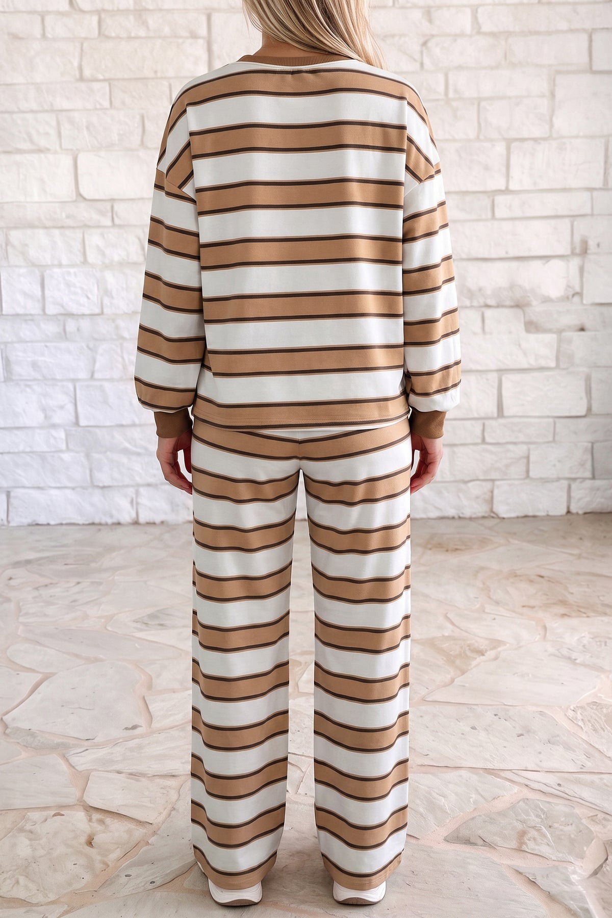 Women's Khaki Stripe Contrast Trim Patchwork Casual Two-Piece Pants Set