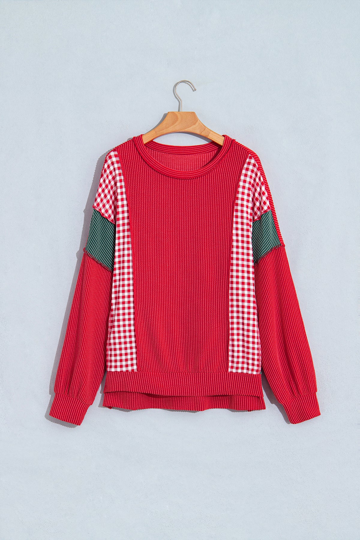 Fiery Red Plaid Colorblock Twist Rib Round Neck Top