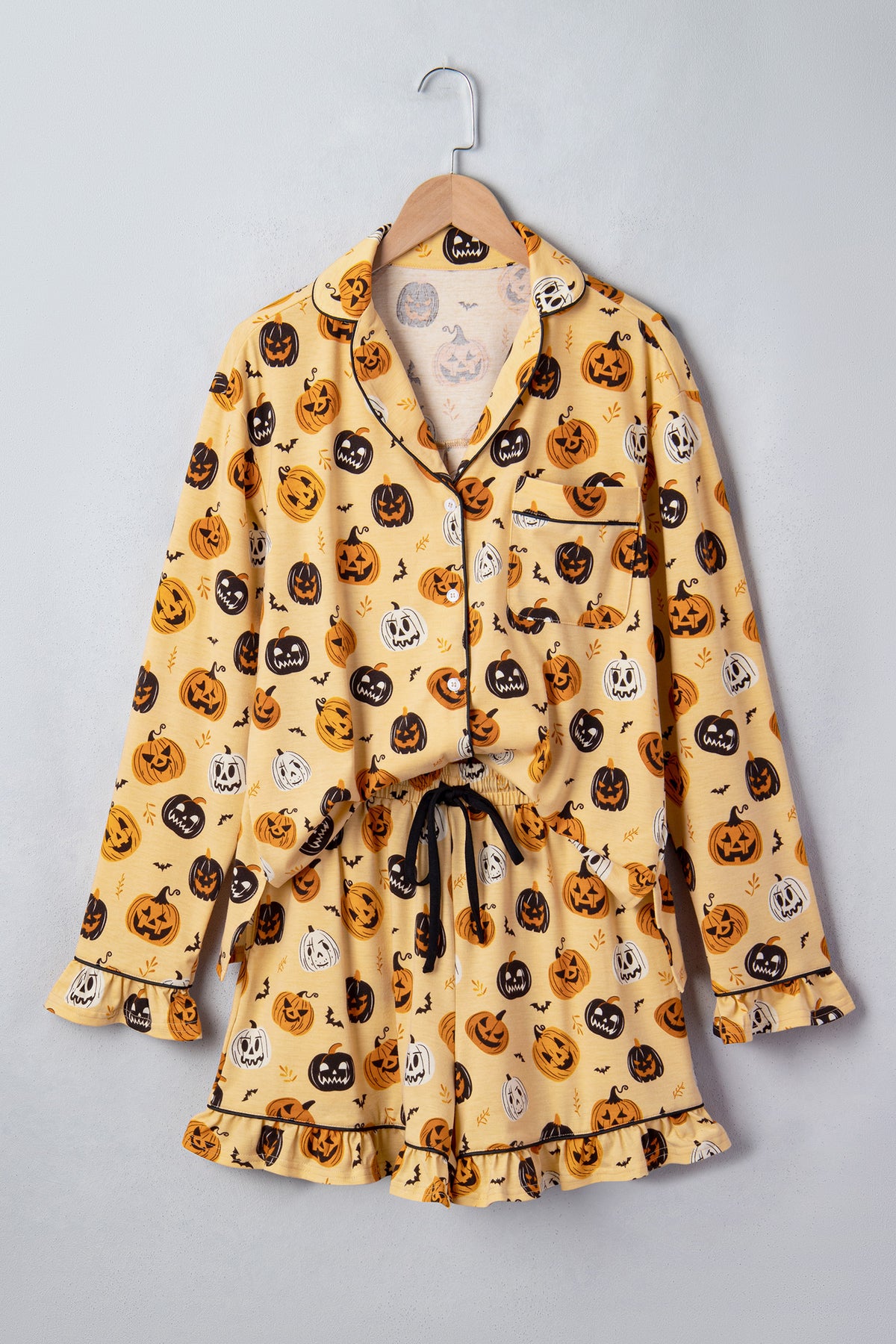 Orange Long Sleeve Ruffle Pumpkin Face Print Lounge Set