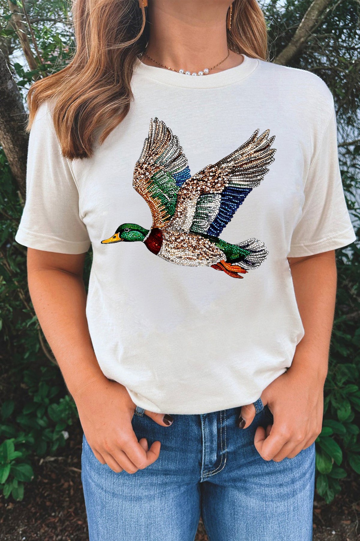 White Flying Mallard Print Crew Neck T-Shirt