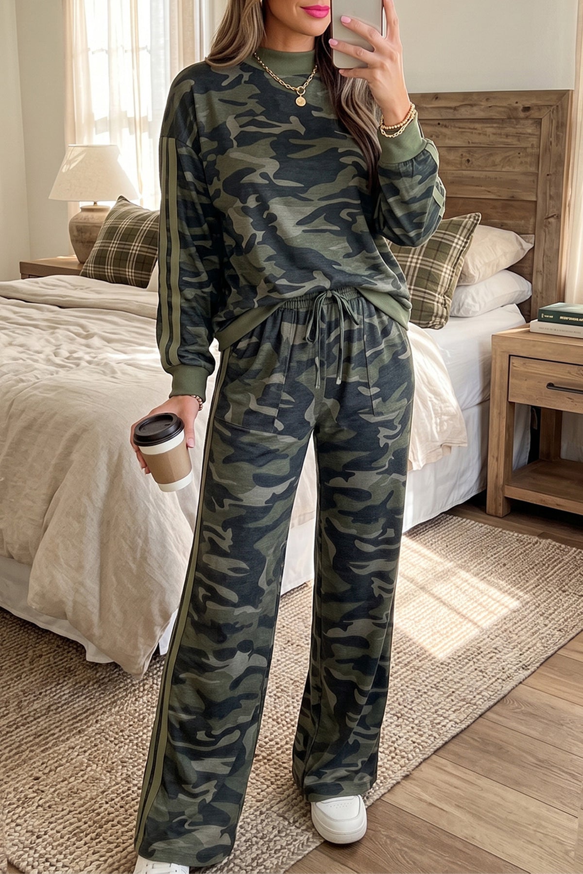 Multicolour Camouflage Patchwork Striped Long Sleeve Top Pants Set