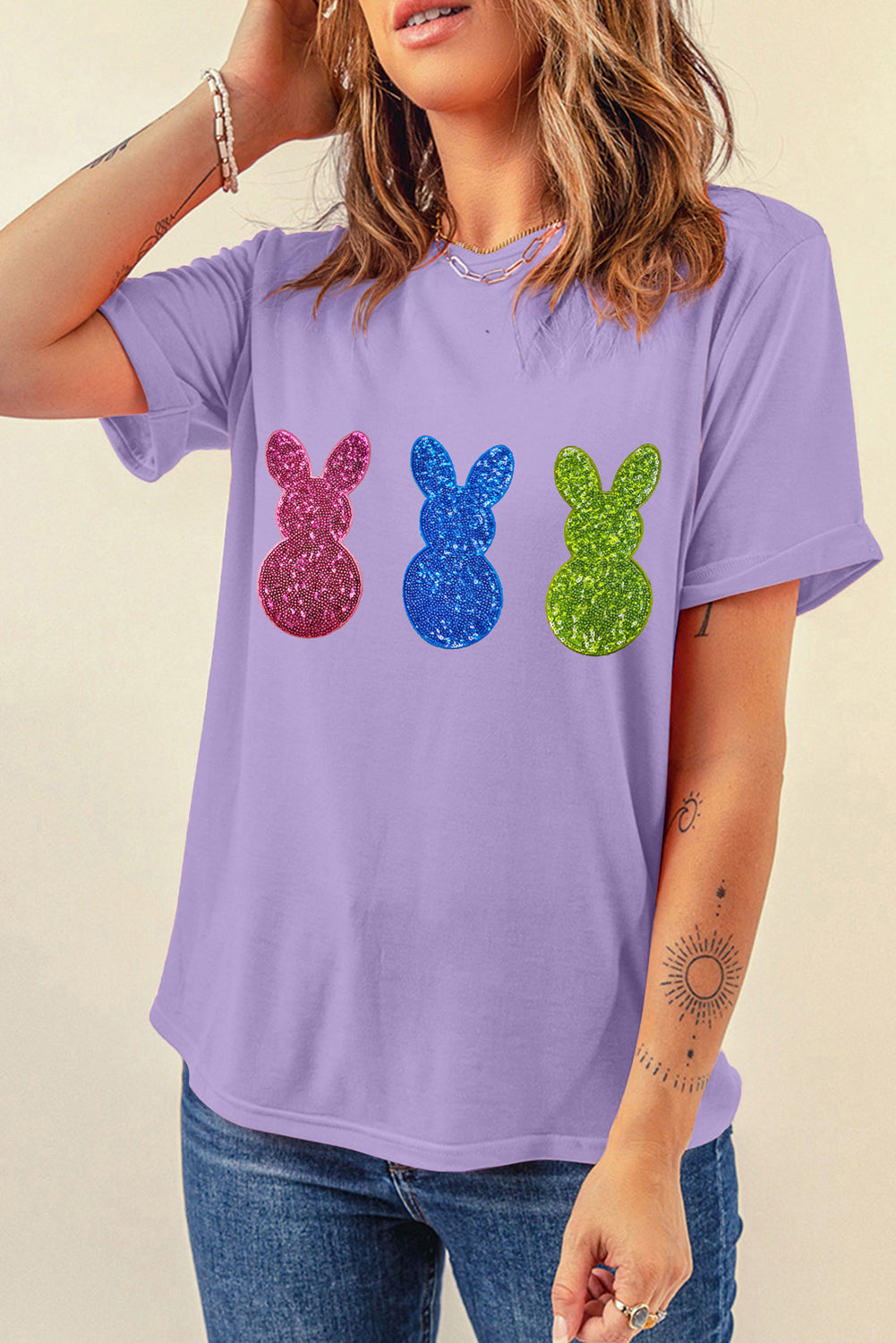 Wisteria Easter Shiny Bunny Graphic Crewneck T-Shirt
