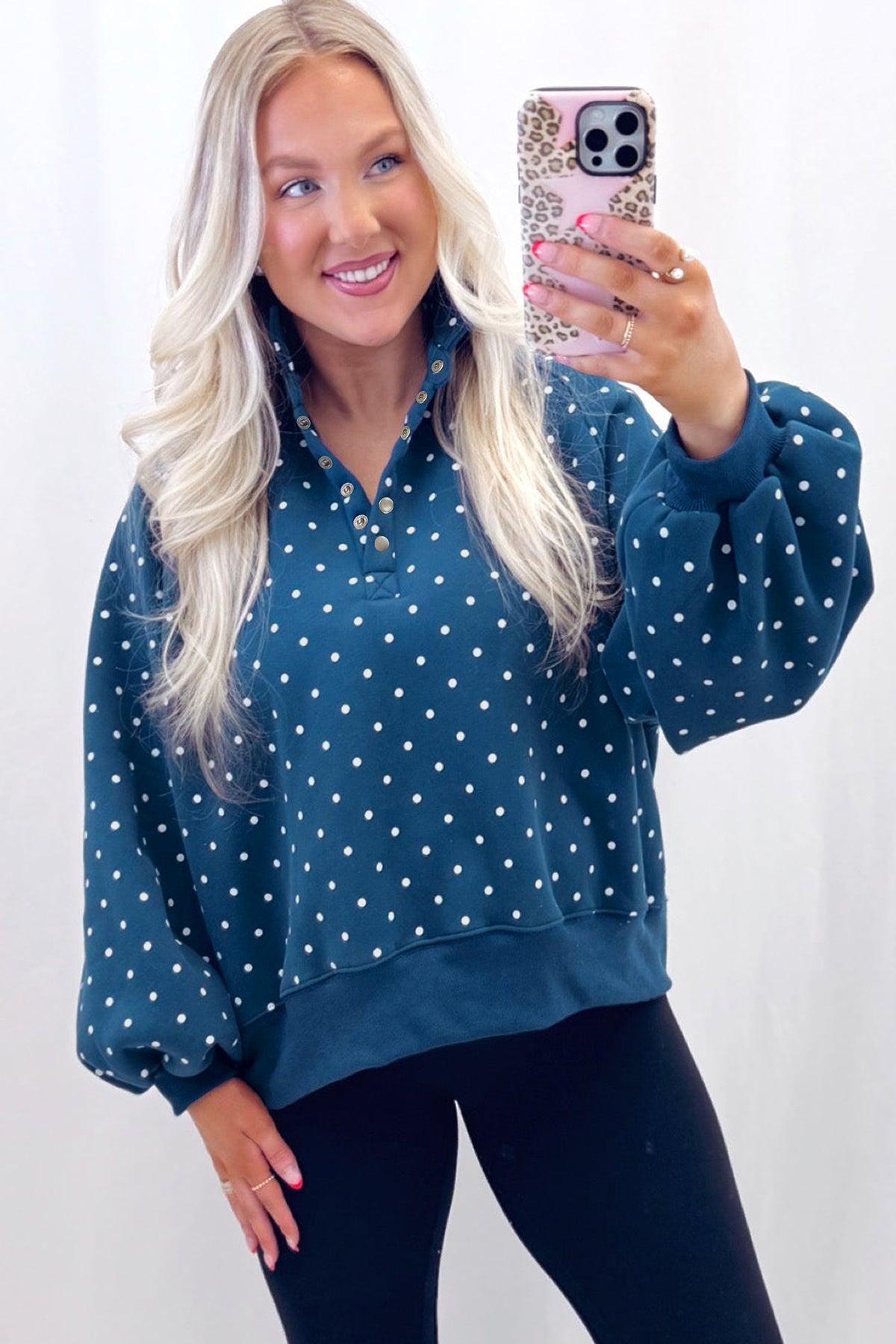 Black Polka Dot Print Metal Button Collar Sweatshirt