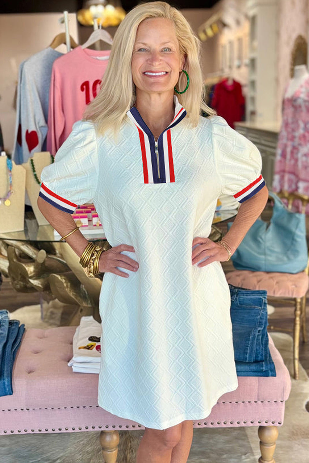 White Jacquard Colorblock Edge Puff Sleeve Quarter Zip Mini Dress