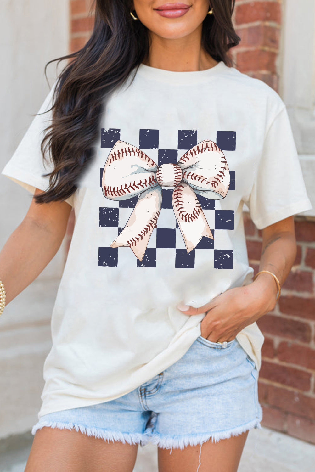 White Checkered Rugby Bowknot Graphic Crew T-Shirt
