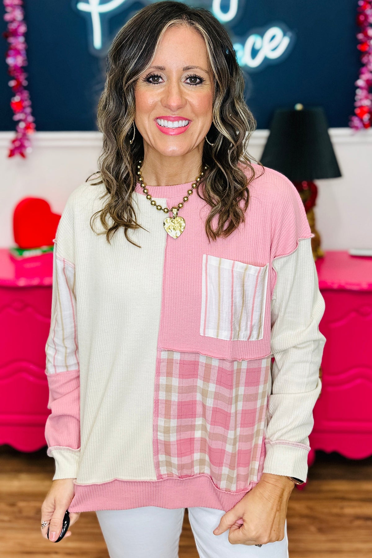 Pink Color-Block Plaid Panel Long-Sleeve Plus Size Blouse