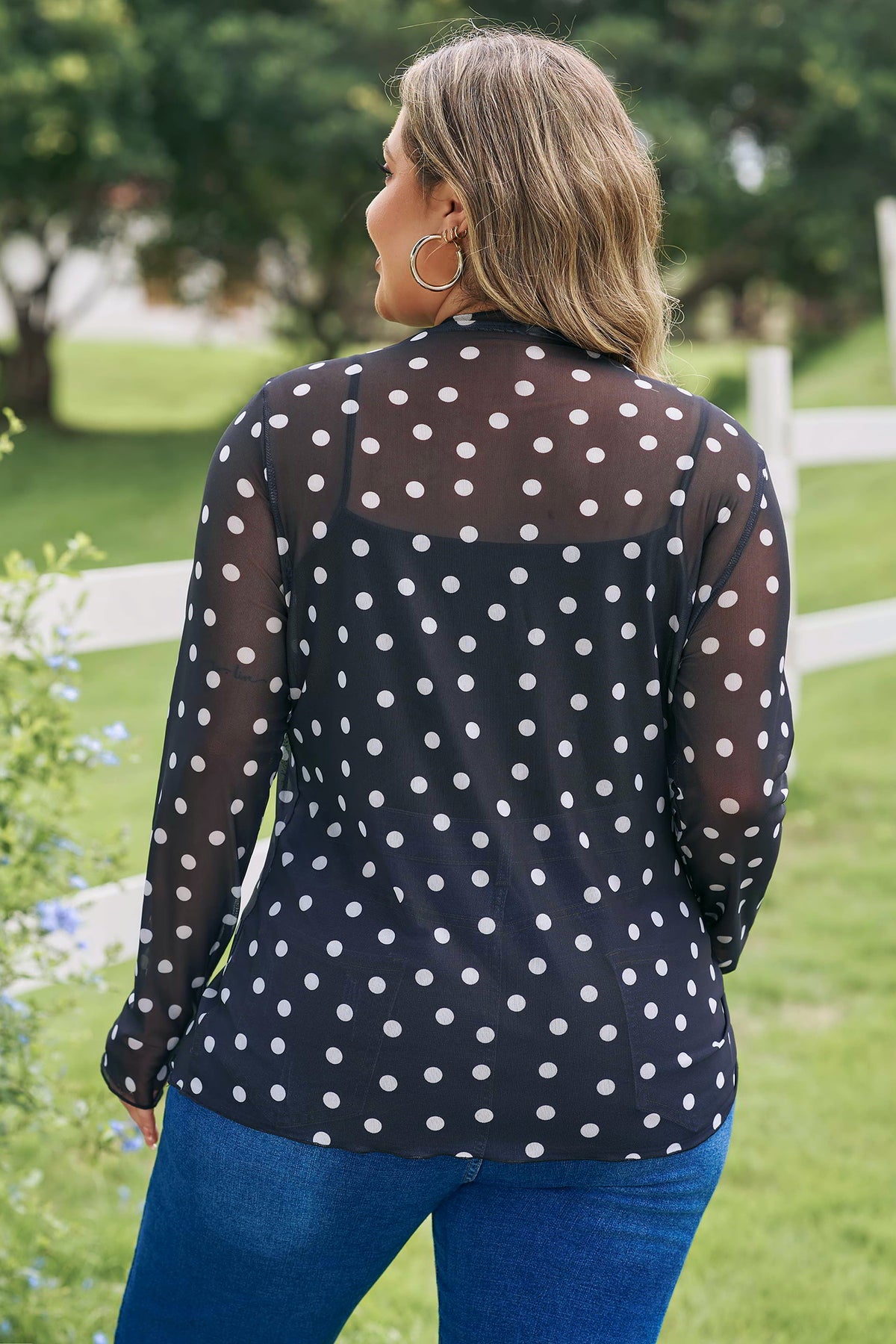 Black Plus Size Mock Neck Polka Dot Long-Sleeve Mesh Top