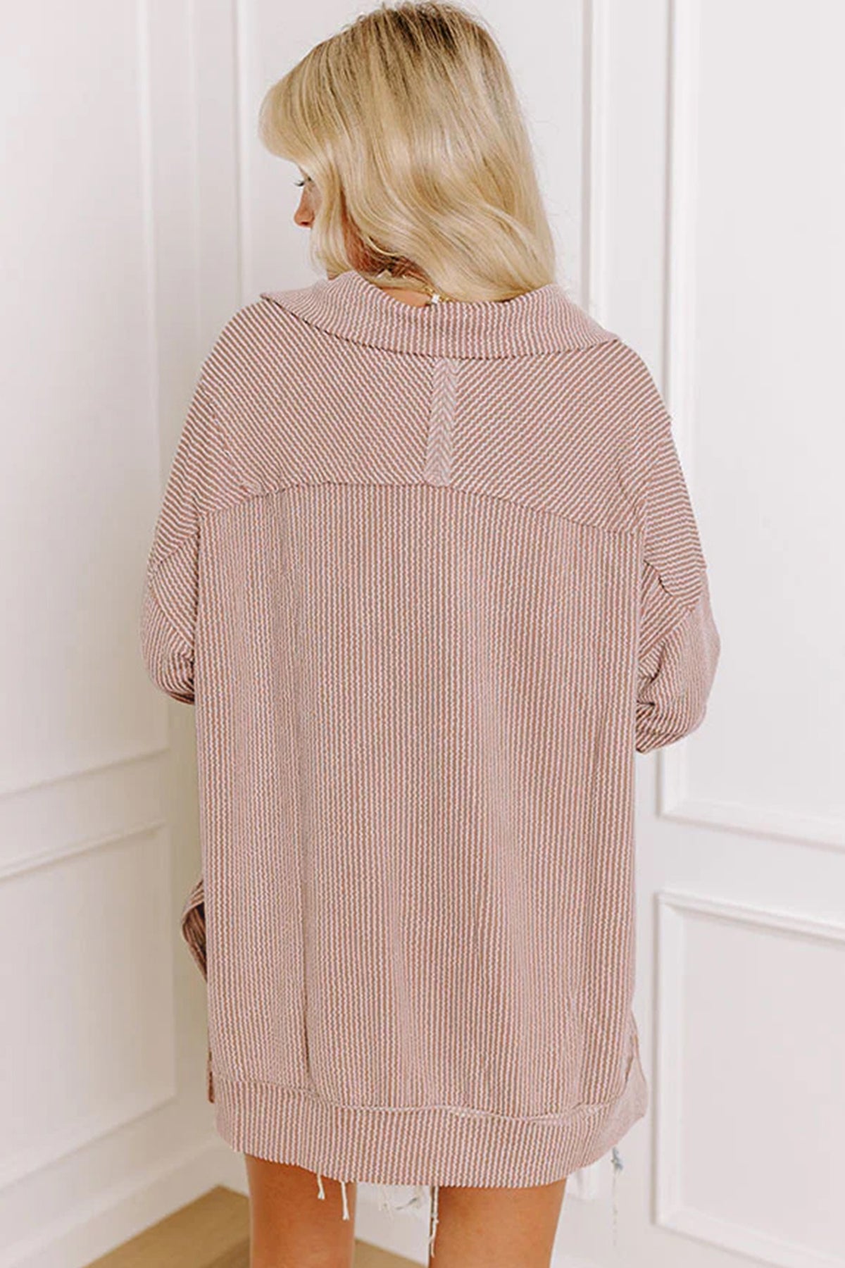 Oatmeal Twist Ribbed Zipper Collar Drop Shoulder Top