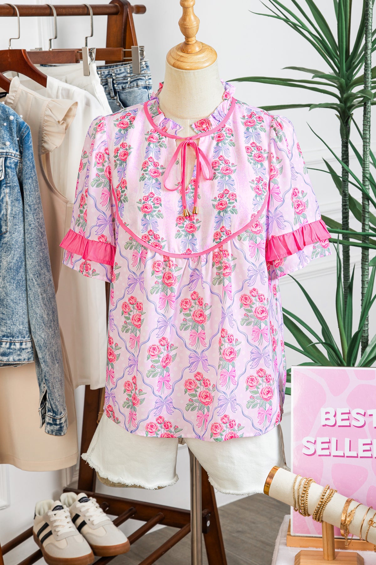 Purple Coquette Floral Bow Contrast Ruffled Short Sleeve Blouse