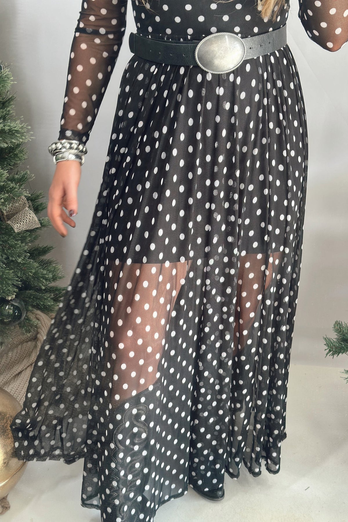 Black Polka Dot Pattern Mesh Long Sleeve Maxi Dress Set