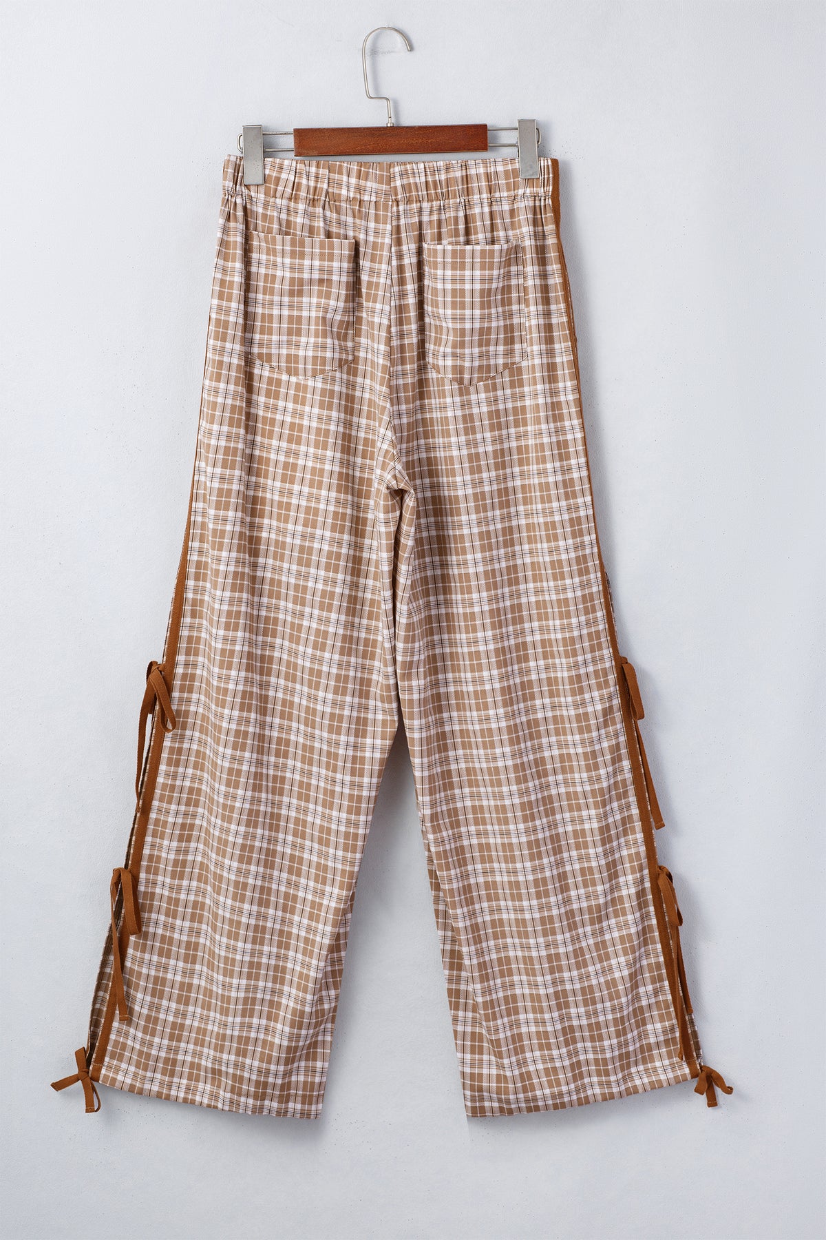 Chestnut Plaid Print Elastic Waist Bow Tie Contrast Jogger Pants