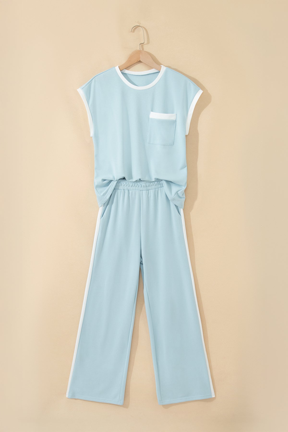 Women's Mist Blue Contrast Trim Round Neck Pocketed Boxy Tank Top Wide Leg Pants Two-Piece Set