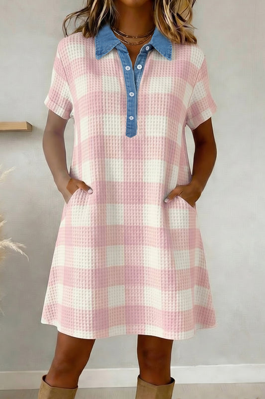 Pink Waffle Plaid Print Denim Shirt Collar Buttoned T Shirt Mini Dress