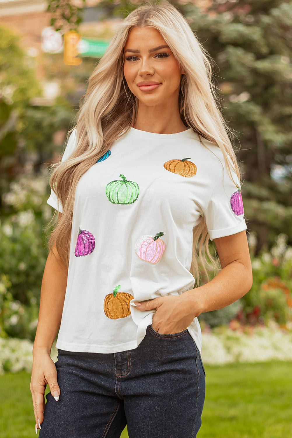 White Sequin Pumpkin Patched Cotton Blend T-Shirt