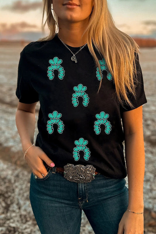 Black Western Turquoise Pattern Sequin Patched T-Shirt
