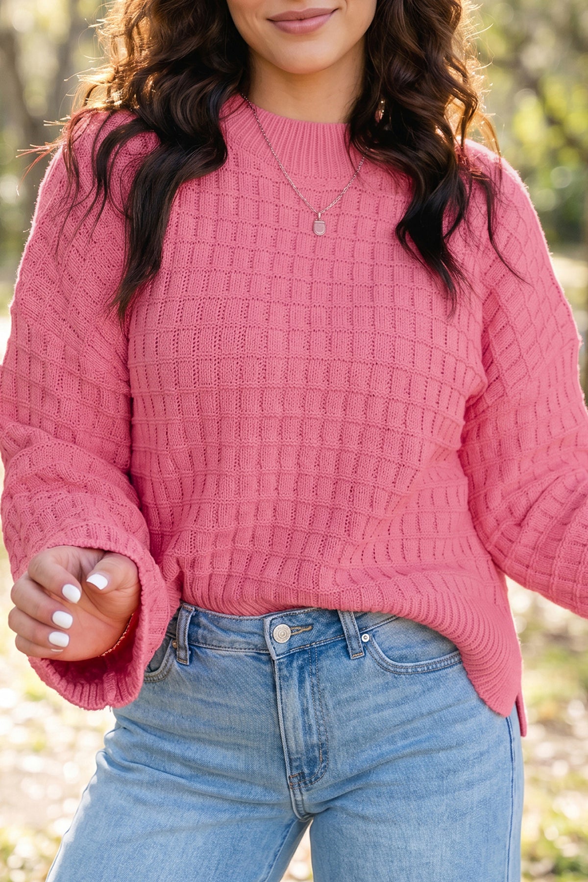 Peach Blossom Drop Shoulder Long Sleeve Knit Sweater