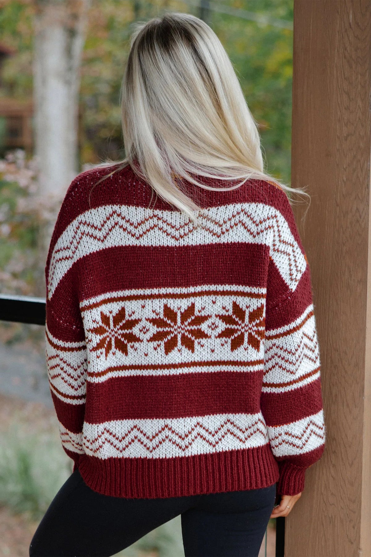 Red Geometric Pattern Zip-Up Knit Long Sleeve Cardigan