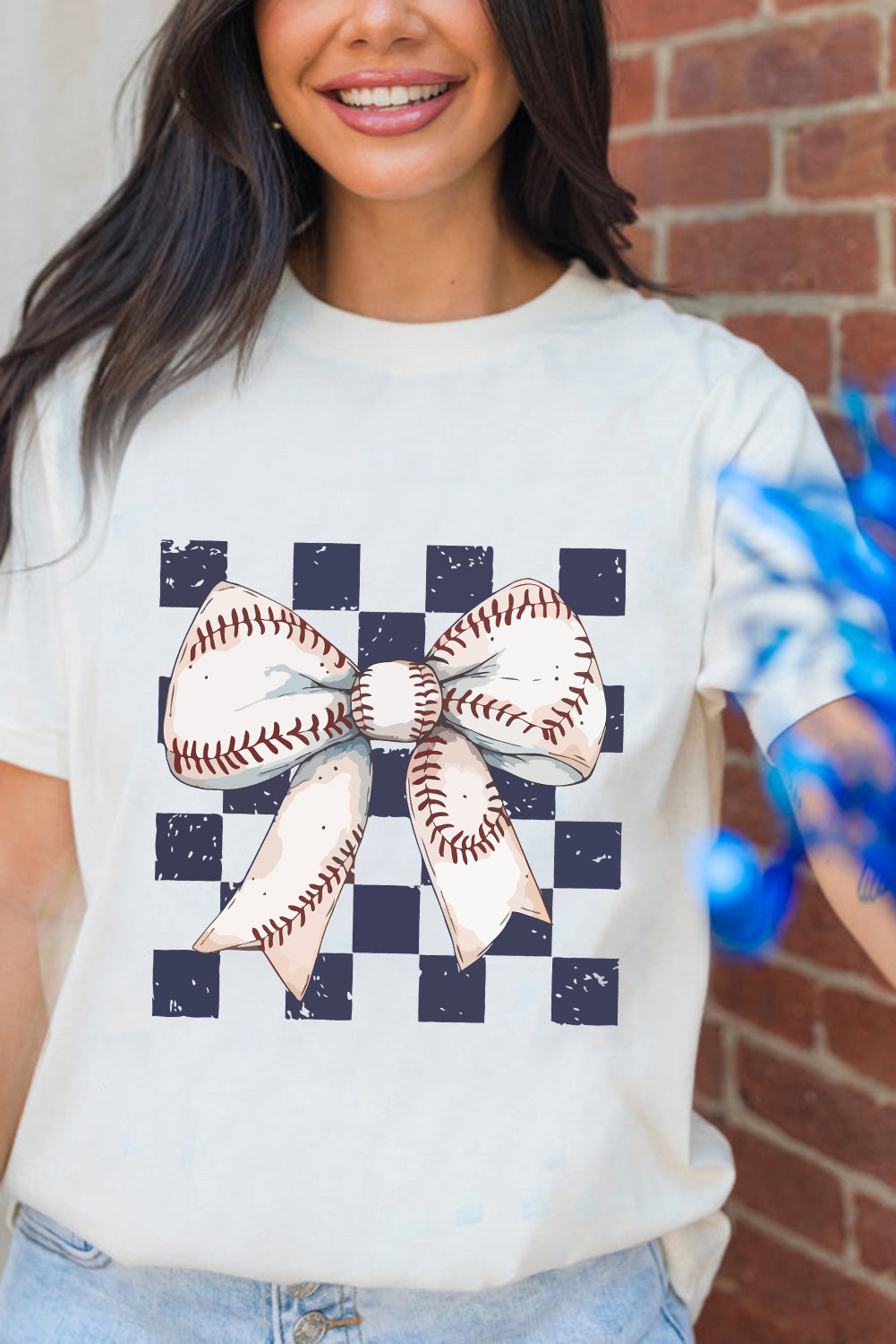 White Checkered Rugby Bowknot Graphic Crew T-Shirt