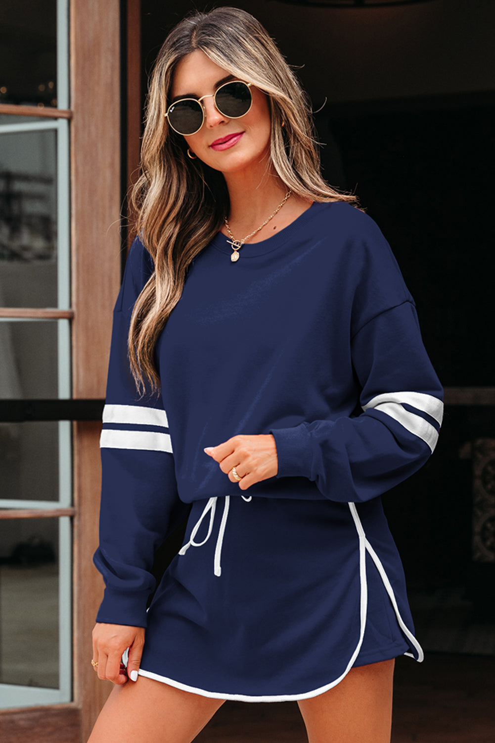 Women's Tillandsia Purple Varsity Stripe Detail Drop Shoulder Pullover Mini Skort Two-Piece Set
