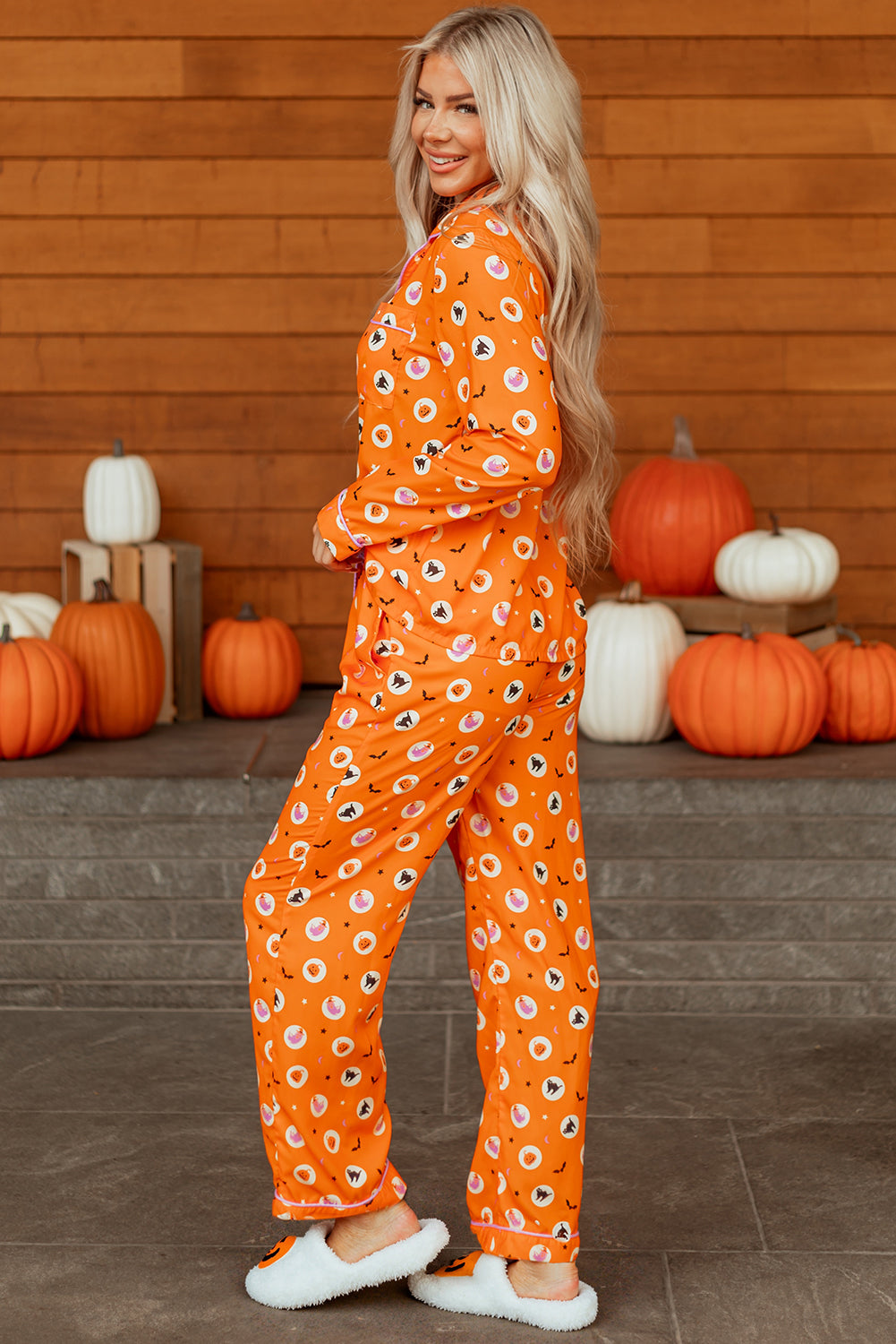 Orange Halloween Print Lapel Shirt Long Pajama Set