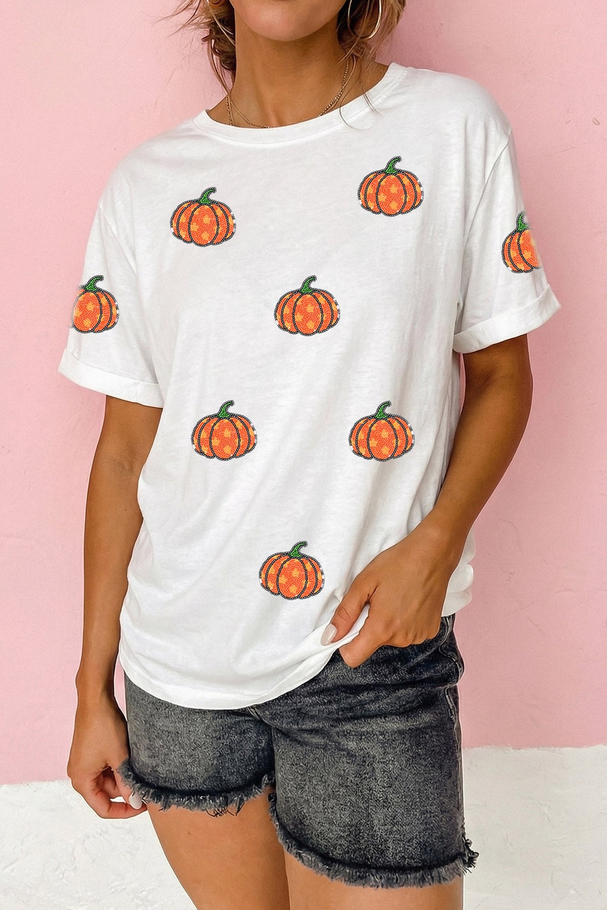 White Sequined Star Pumpkin Graphic Casual Round Neck T-Shirt