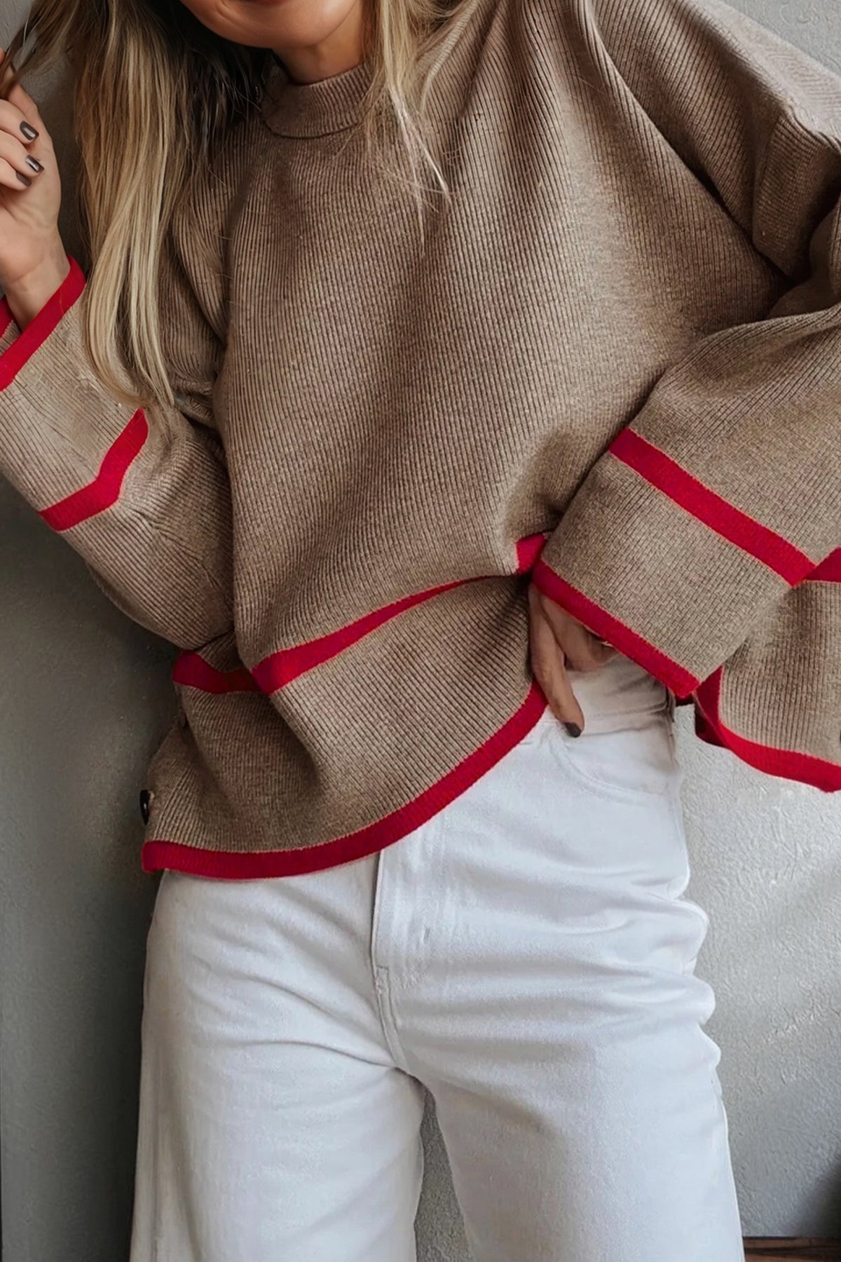 Simply Taupe Ribbed Knit Contrasted Stripe Detail Button Side Sweater