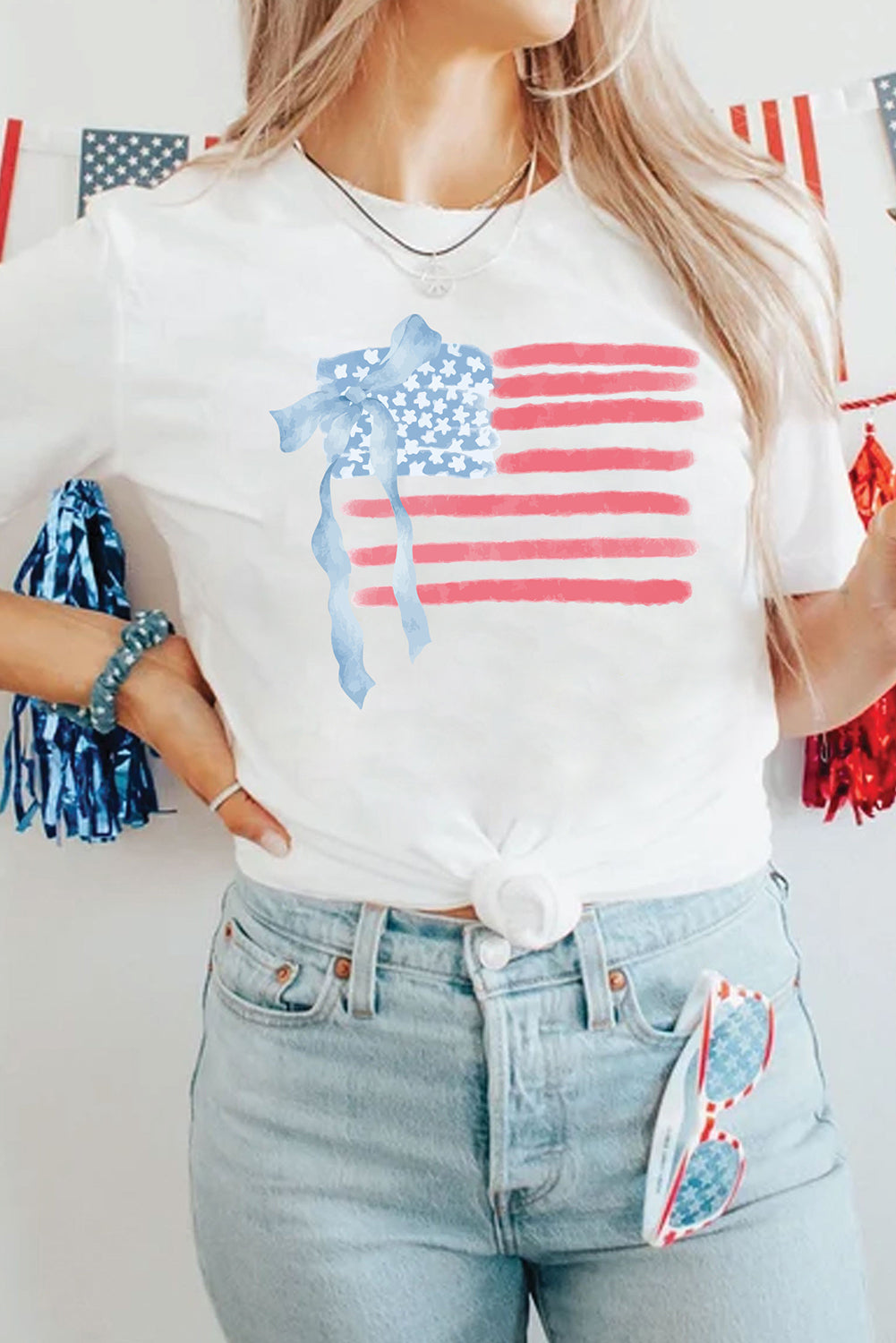 White American Flag Bow Knot Print Crew Neck T-Shirt