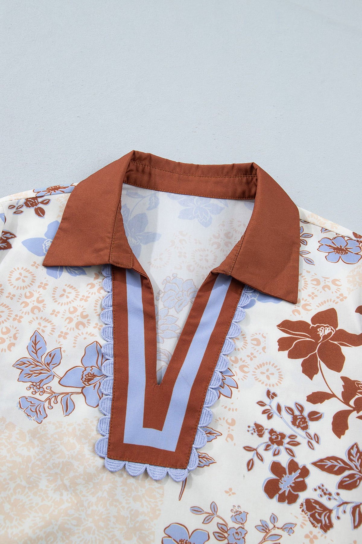 White Floral Print Colorblock V Neck Blouse