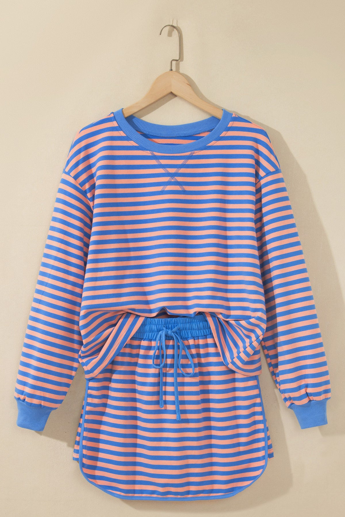 Women's Blue Stripe Long-Sleeve Relaxed Pullover Mini Skort Two-Piece Set