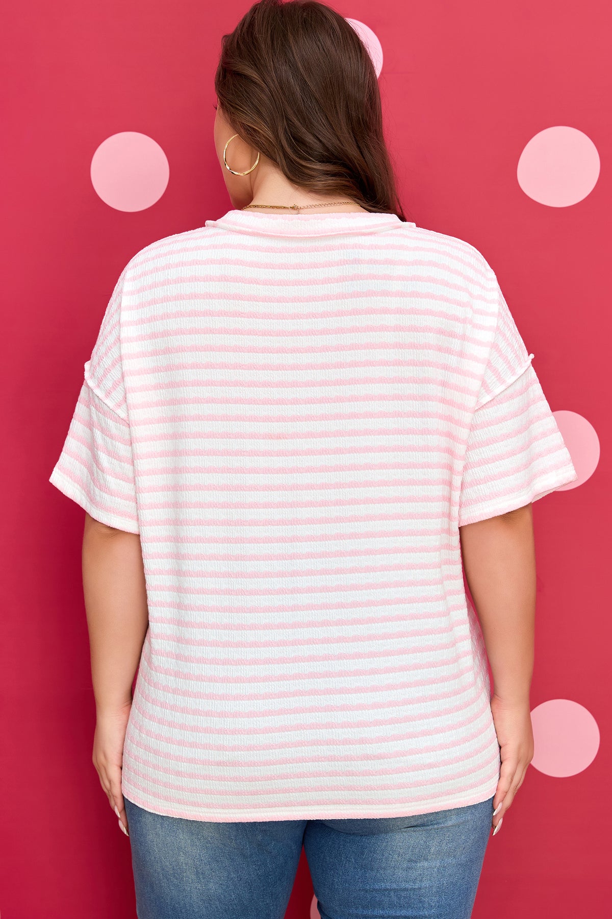 Pink Stripe Plus Size V-Neck Exposed Seam Patchwork T-Shirt