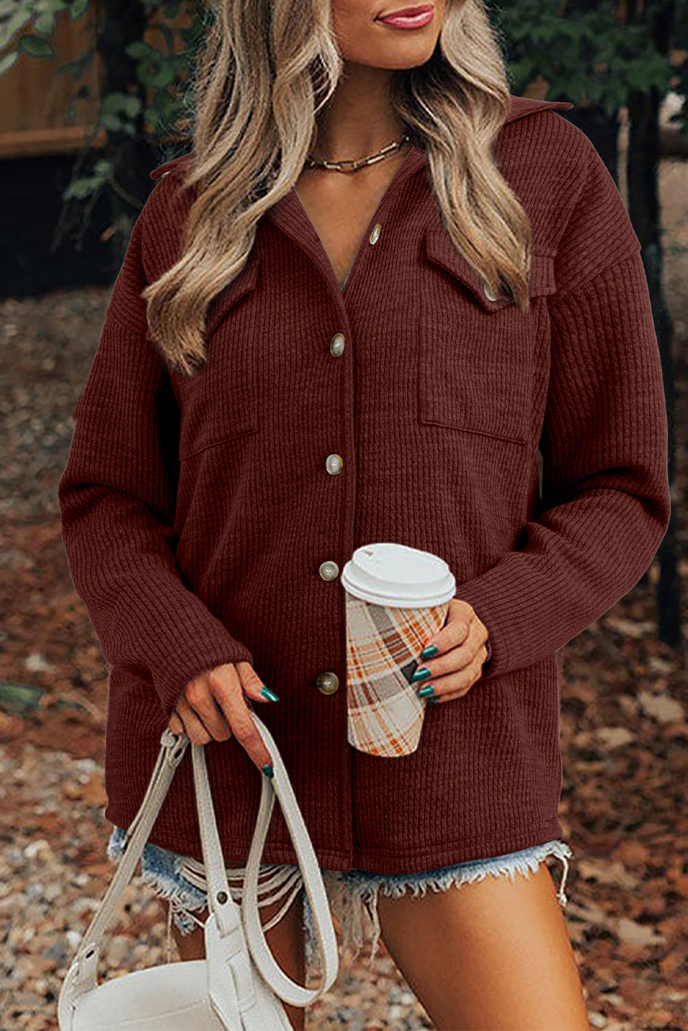 Red Sandalwood Ribbed Knit Buttons Front Flap Pocket Shacket