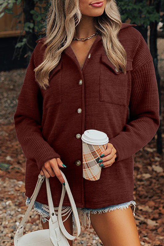 Red Sandalwood Ribbed Knit Buttons Front Flap Pocket Shacket