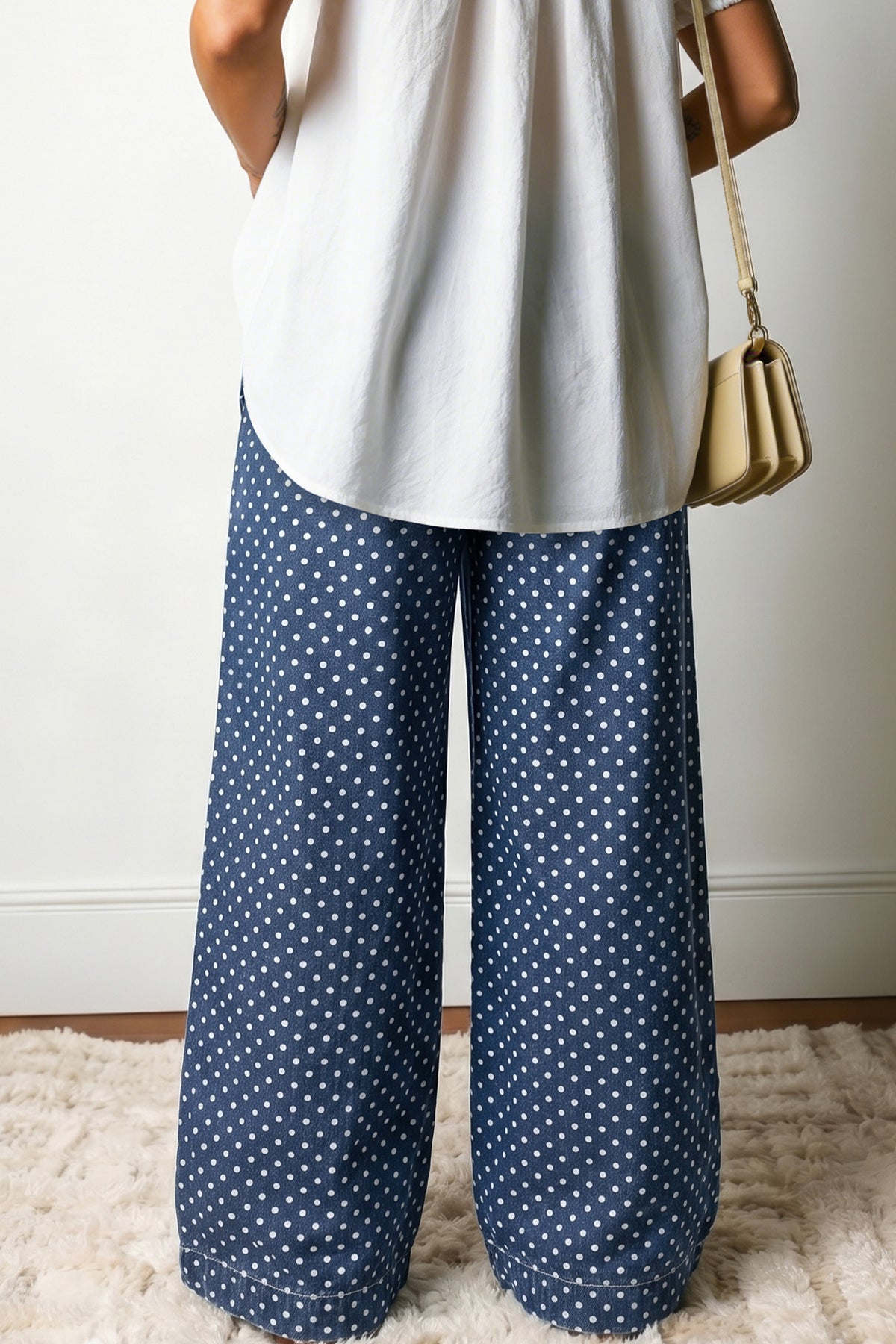 Sky Blue Polka Dot Print Button Pleated Wide Leg Jeans