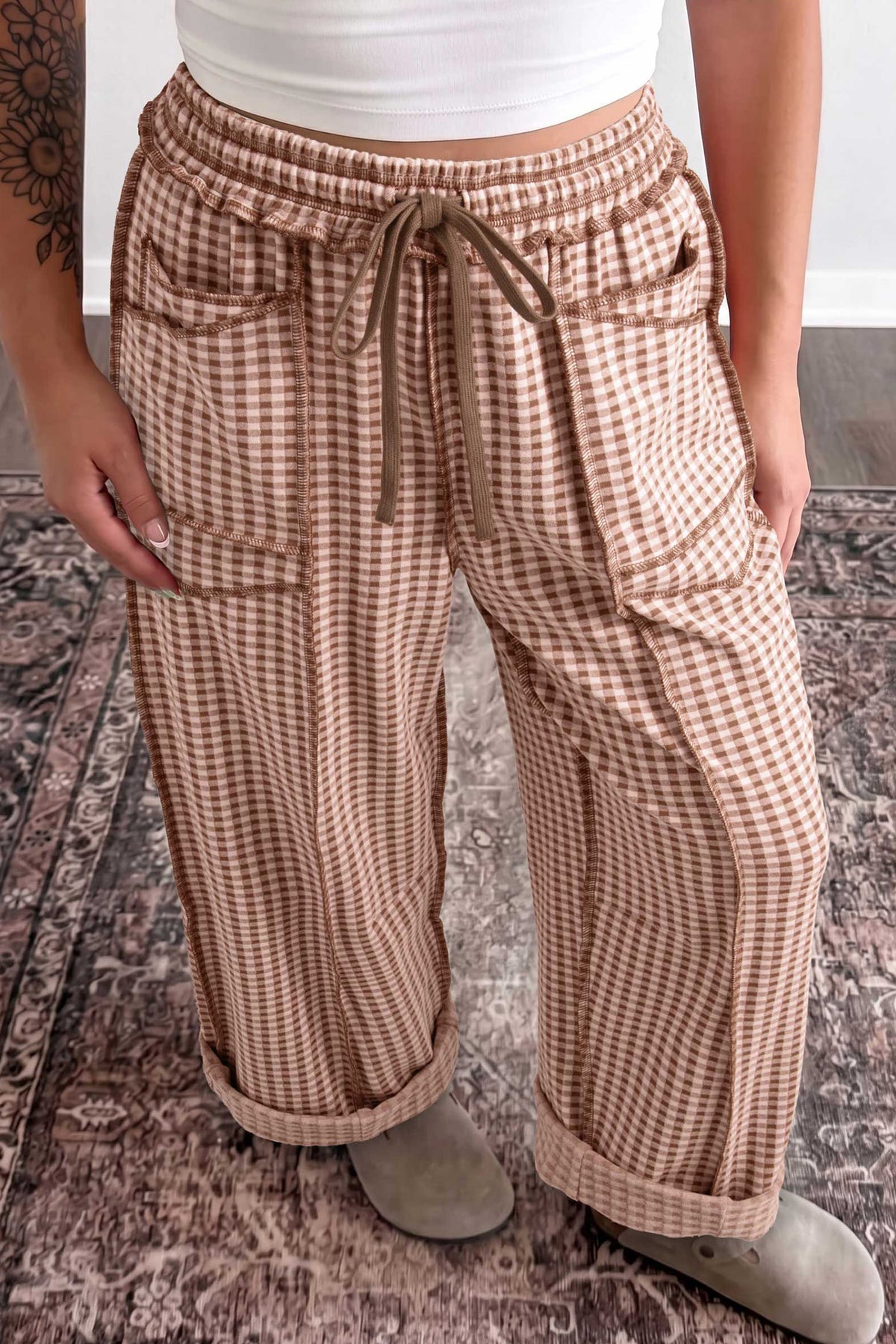 Brown Plaid Contrast Drawstring Elastic Waist Pants