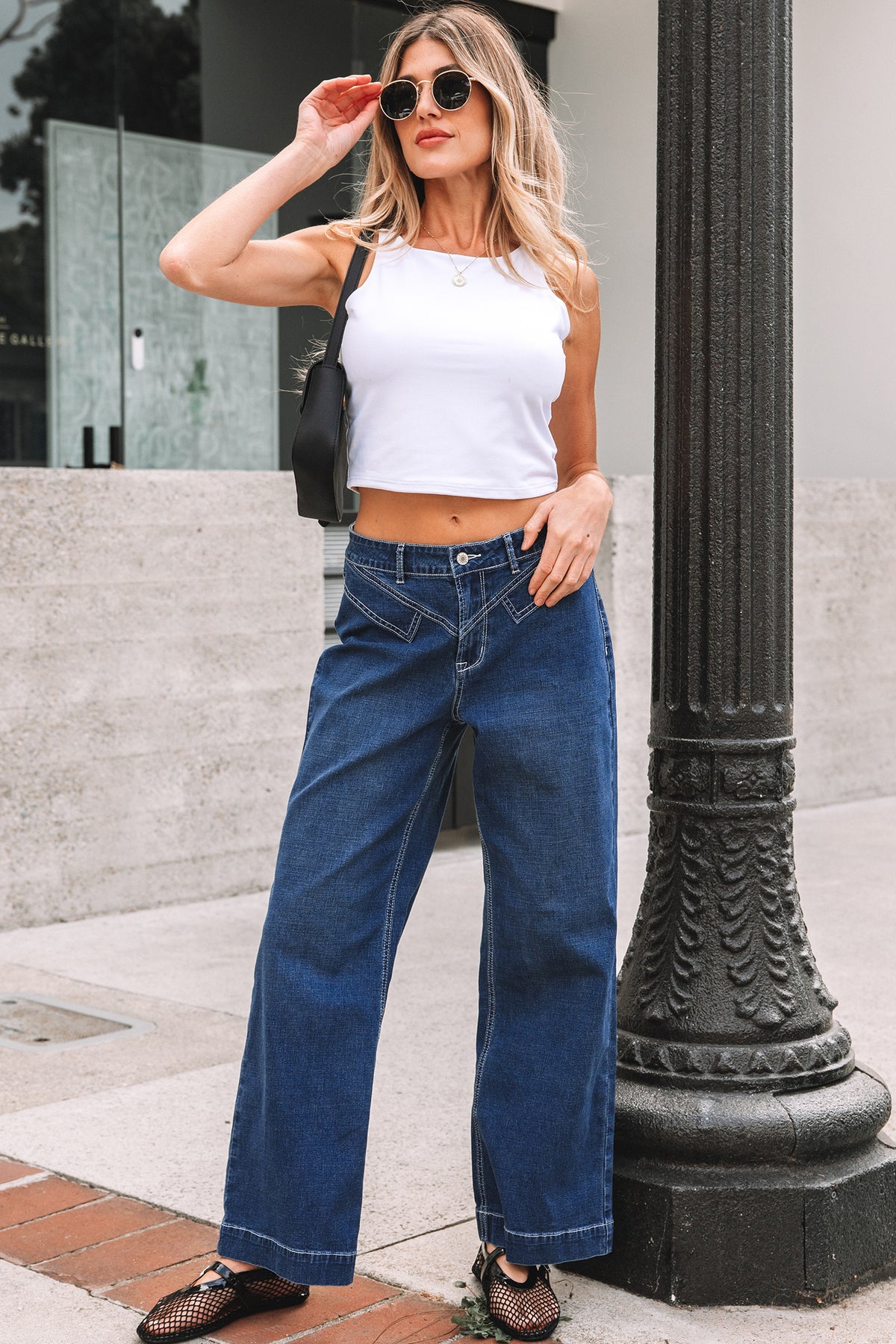 Sail Blue Stitched Waist Loose Cuffed Jeans