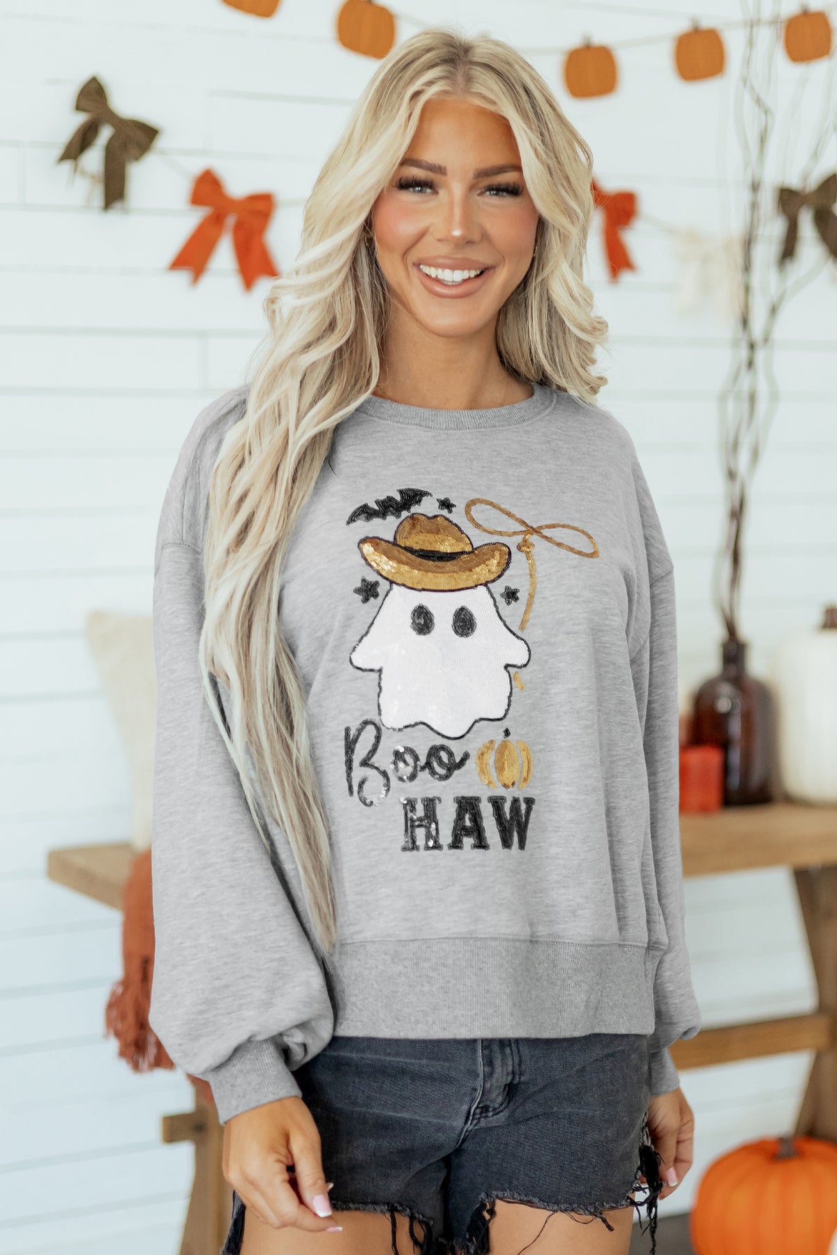 Medium Grey Sequin Western Ghost Print Round Neck Sweatshirt