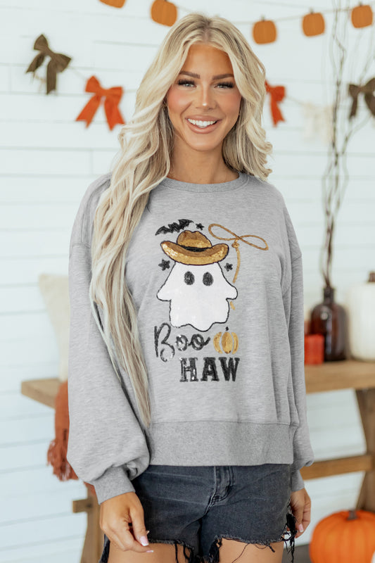 Medium Grey Sequin Western Ghost Print Round Neck Sweatshirt