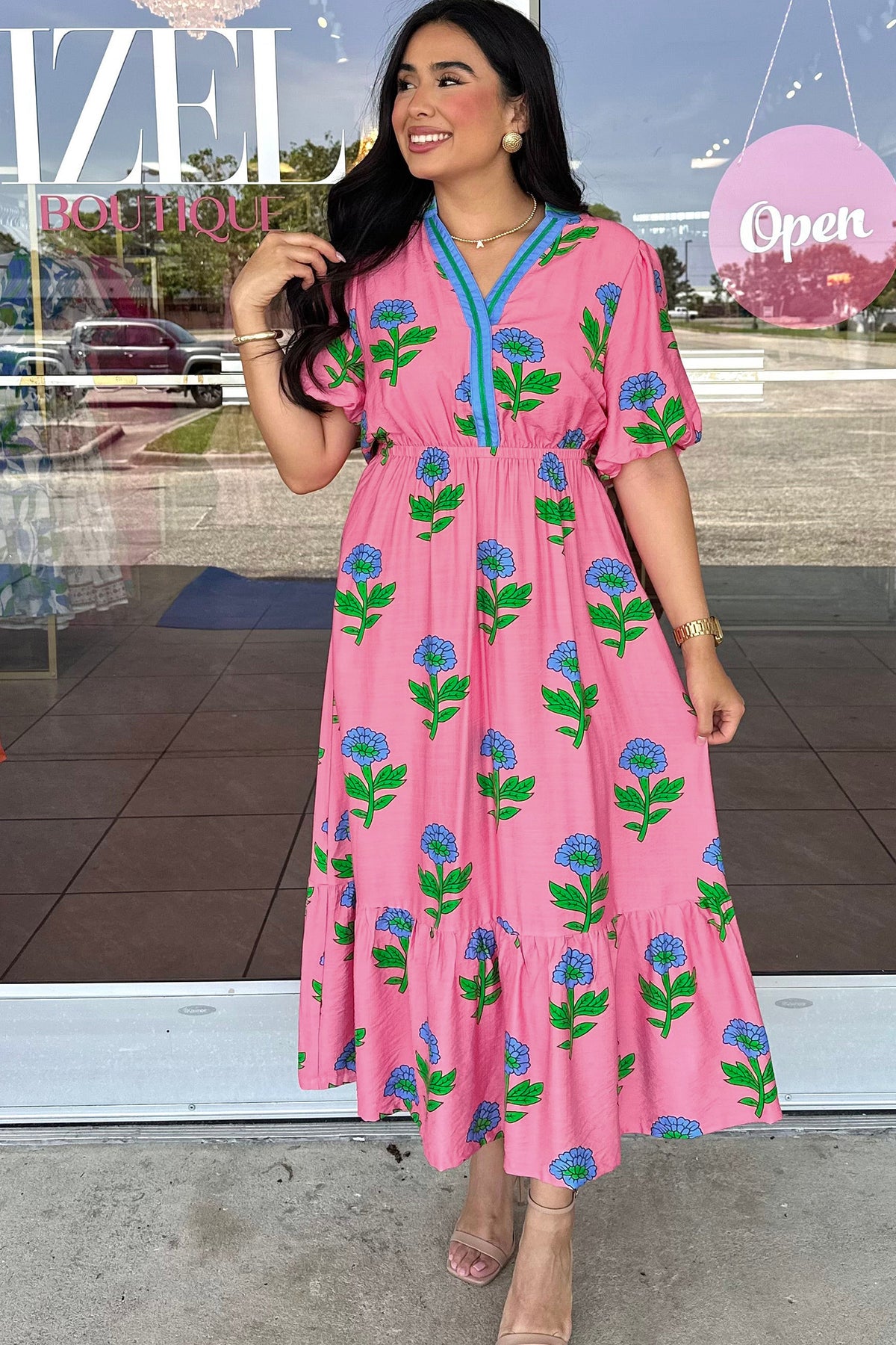 Pink Plus Size Striped V-Neck Ruffled Floral Long Dress