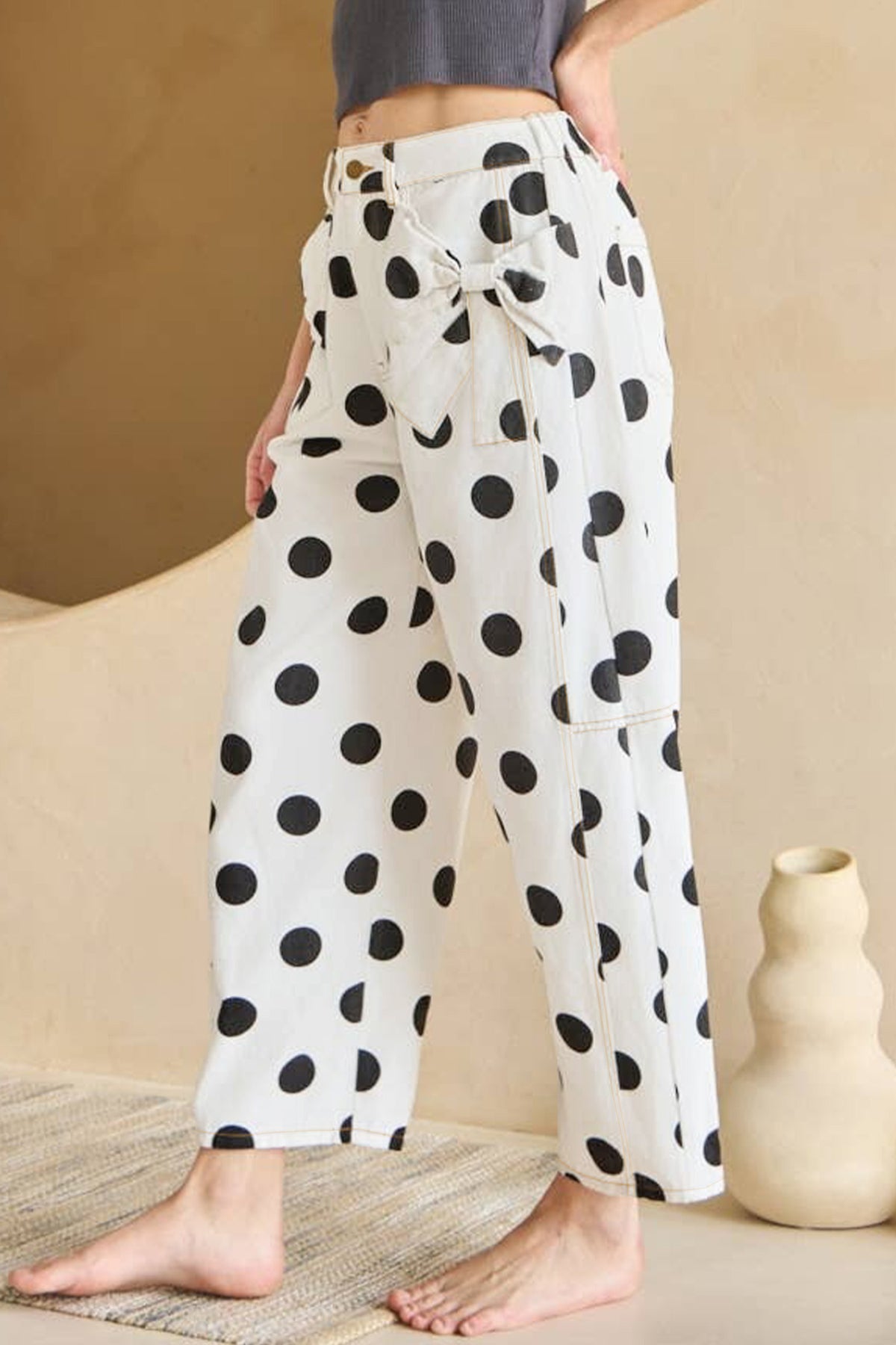 Sky Blue Polka Dot Print Bow Pocketed Barrel Jeans