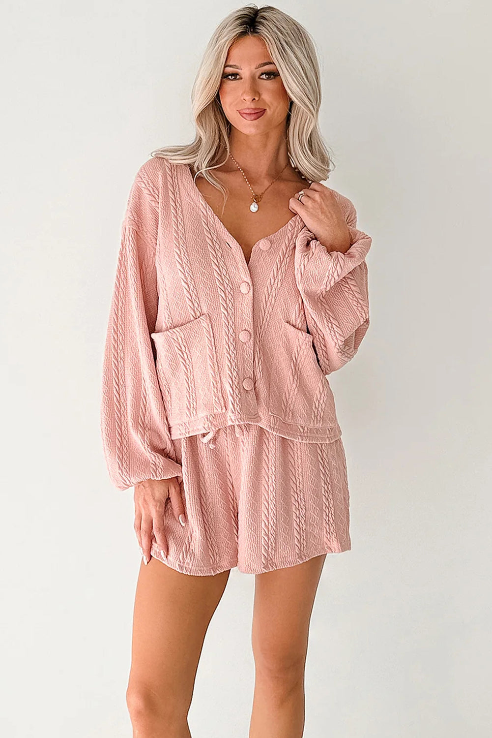 Women's Gossamer Pink Cable Knit V-Neck Cardigan Shorts Set