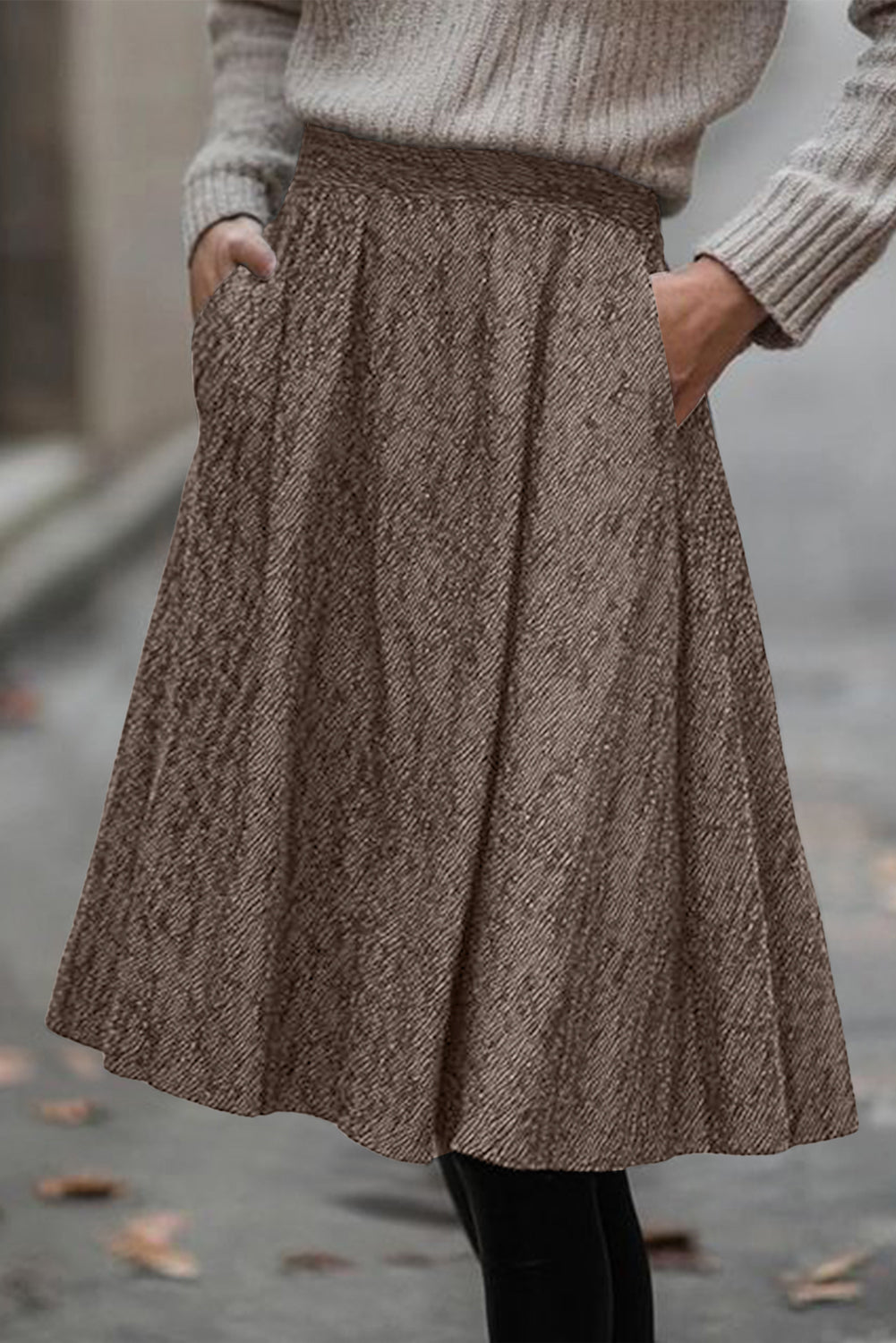 Brown Solid Textured Pleated Midi Skirt