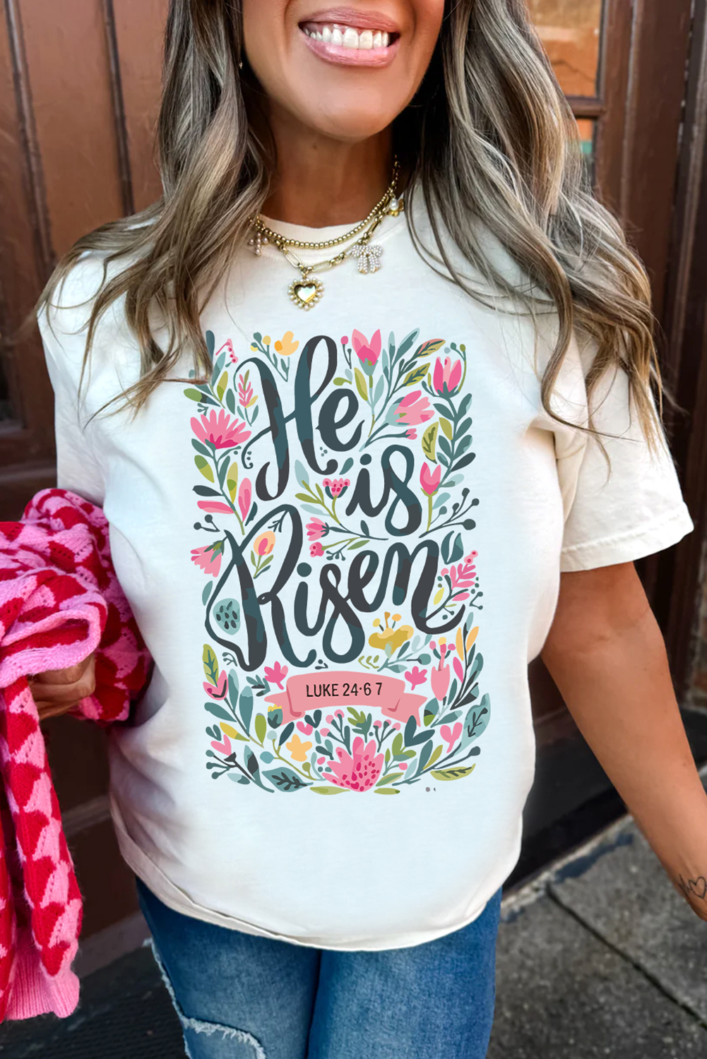 White He is Risen Floral Printed T-Shirt