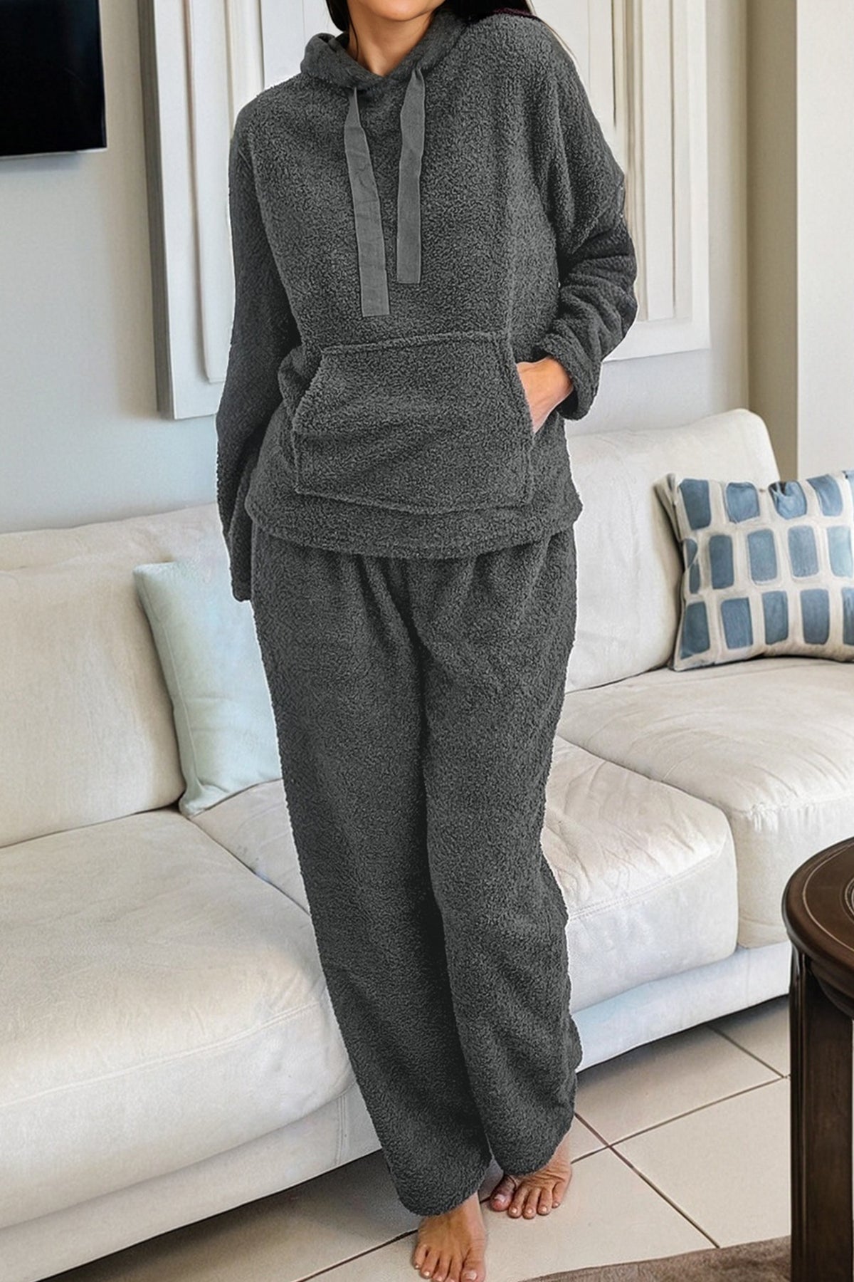 Medium Grey Fuzzy Drawstring Hoodie Lounge Pants Set