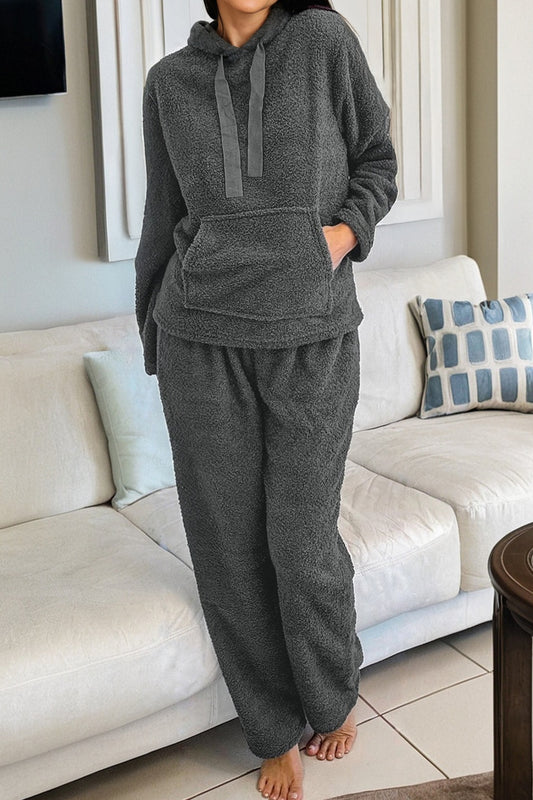 Medium Grey Fuzzy Drawstring Hoodie Lounge Pants Set