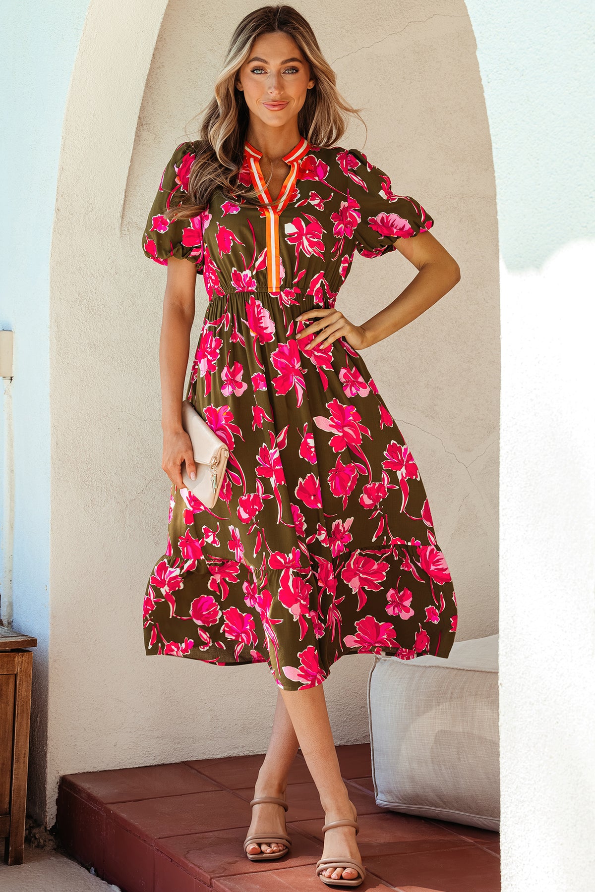 Green Floral Striped Split Neck Short Puff Sleeve Ruffle Hem Maxi Dress