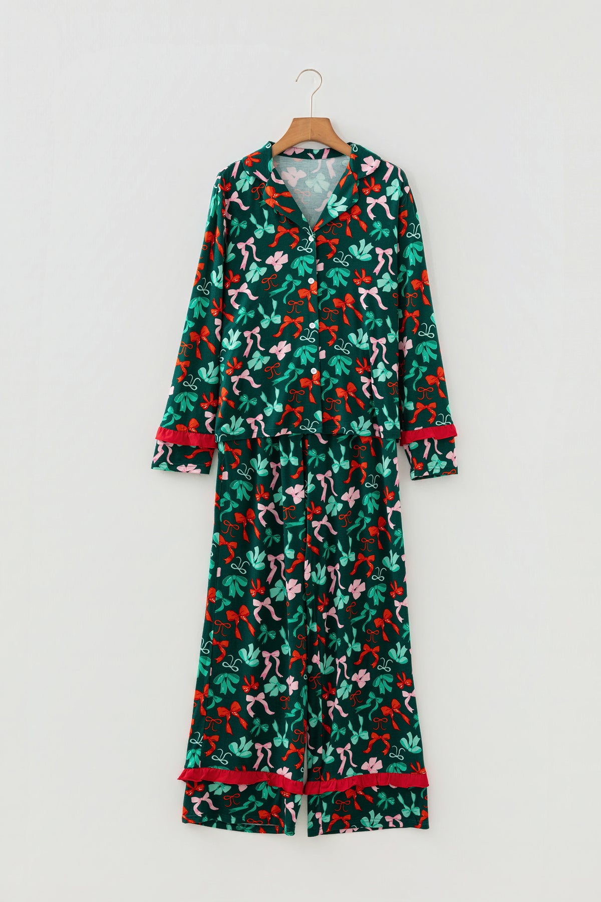 Green Festive Bow Print Pajama Pants Set